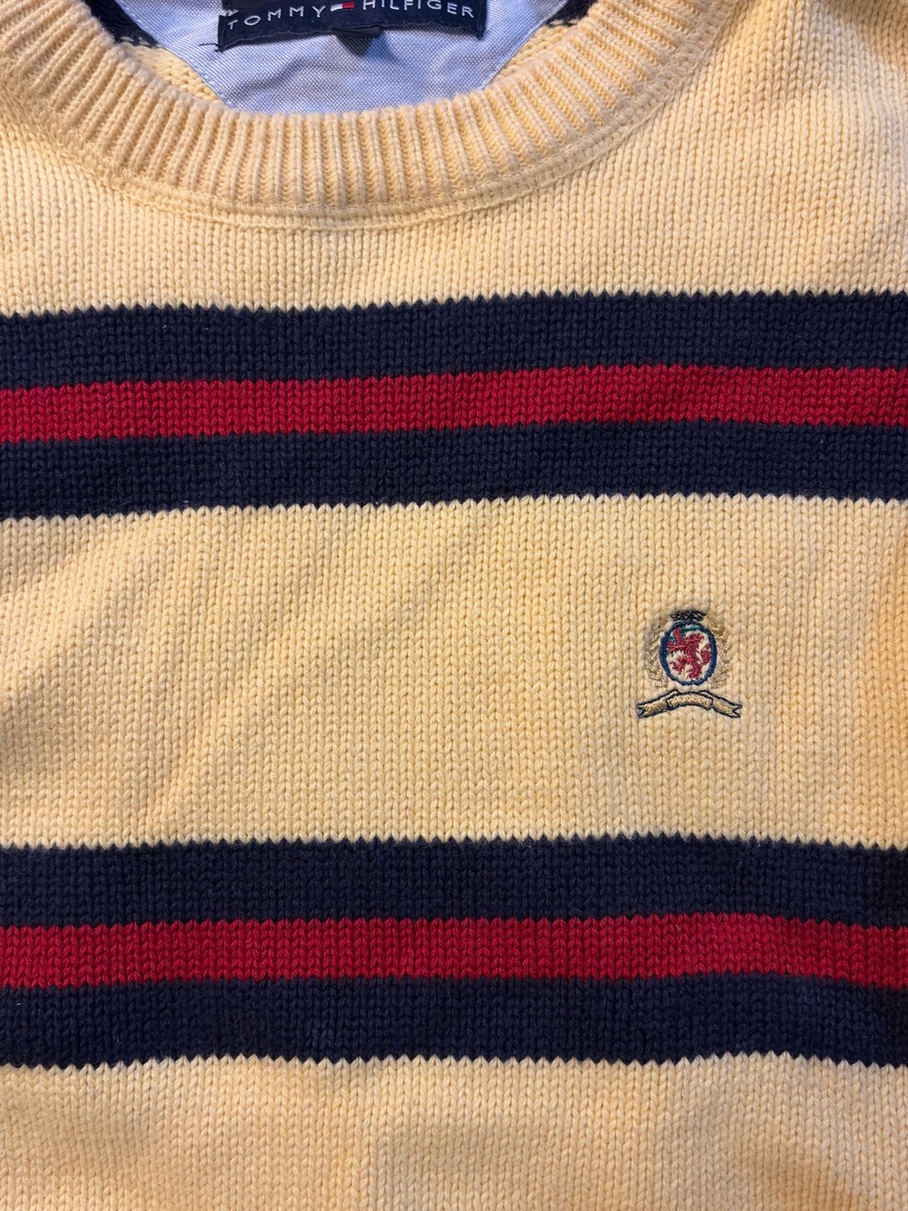 Tommy Hilfiger Yellow Crewneck KNIT BOXY Sweater with Navy & Red Stripes - Picture 3 of 7